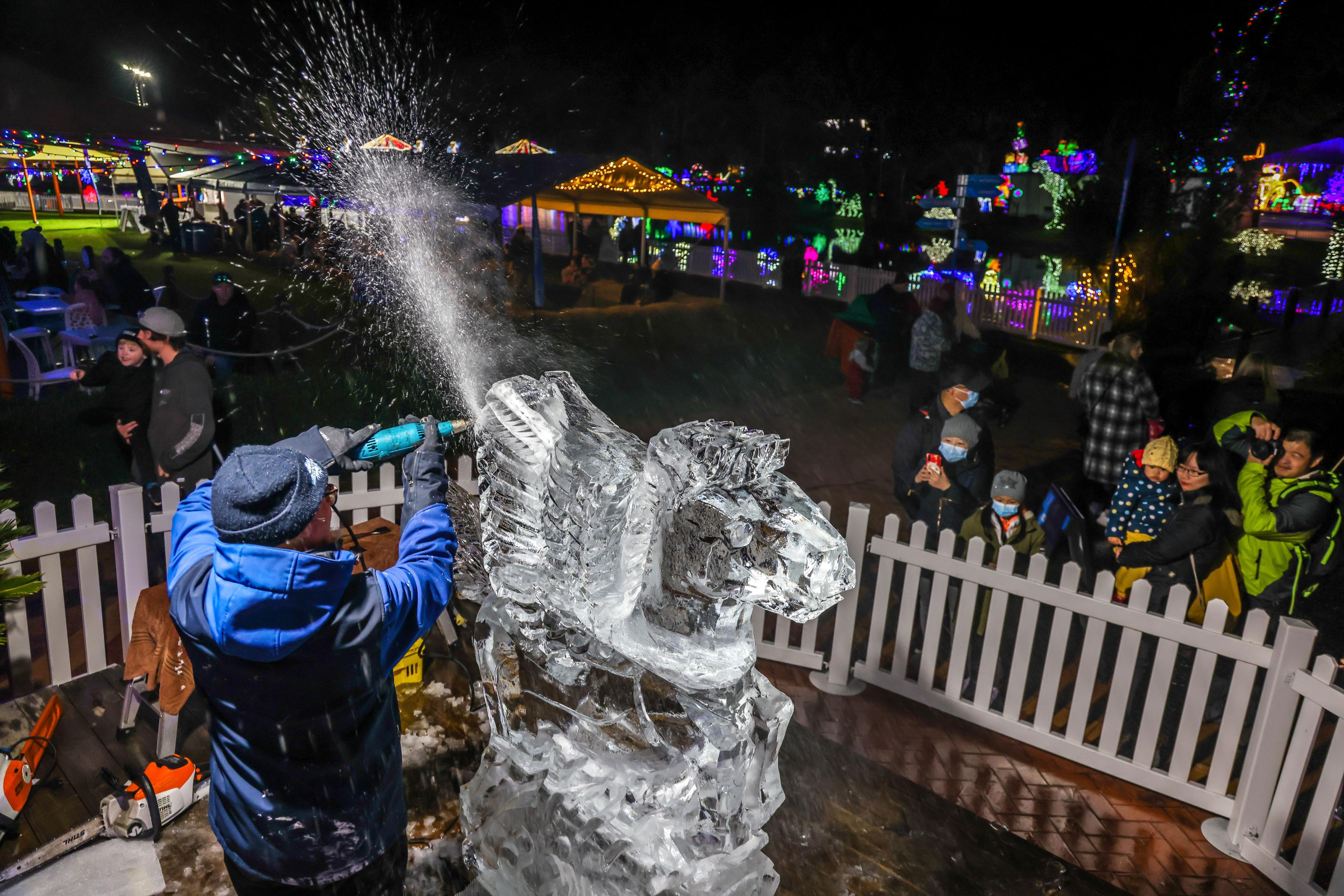 See ice-sculpting and fire-twirling displays background
